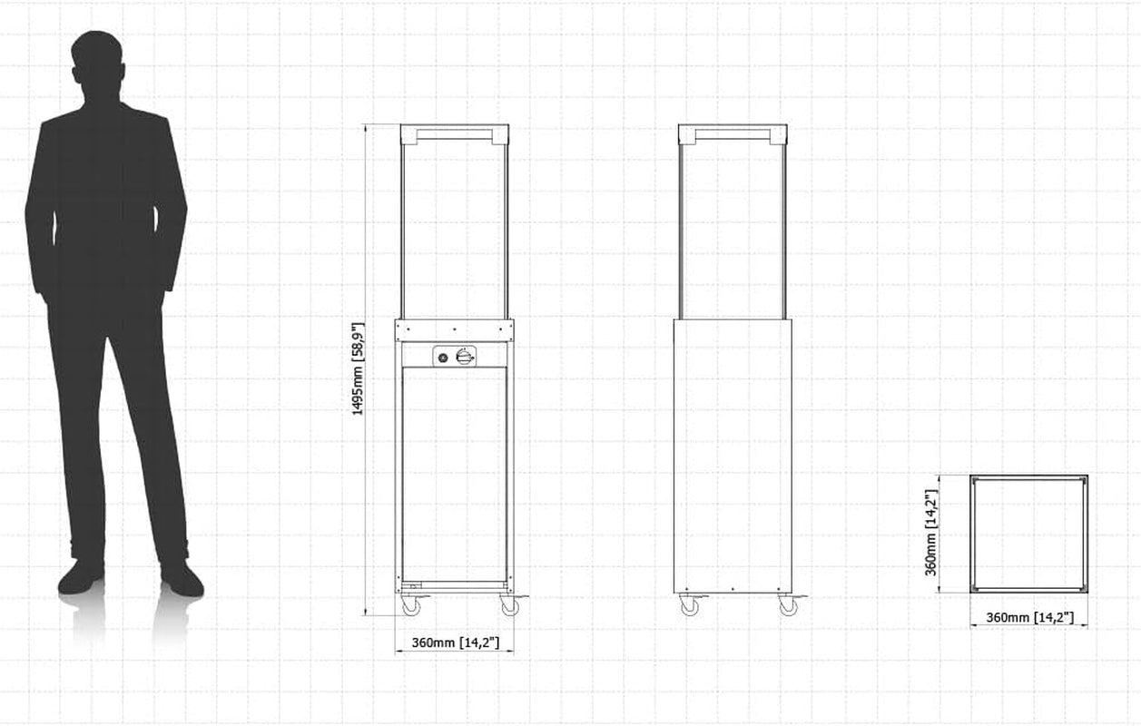 Black line drawings of the freestanding heater with front, side and top views and a human silhouette for scale.