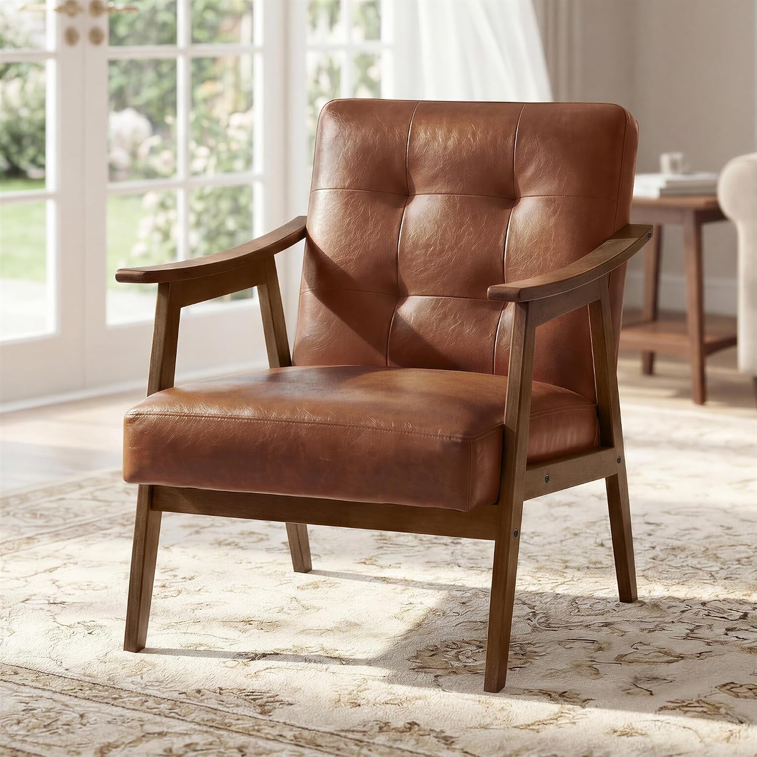 Three-quarter view of a brown button-tufted accent chair with wooden frame and angled legs.
