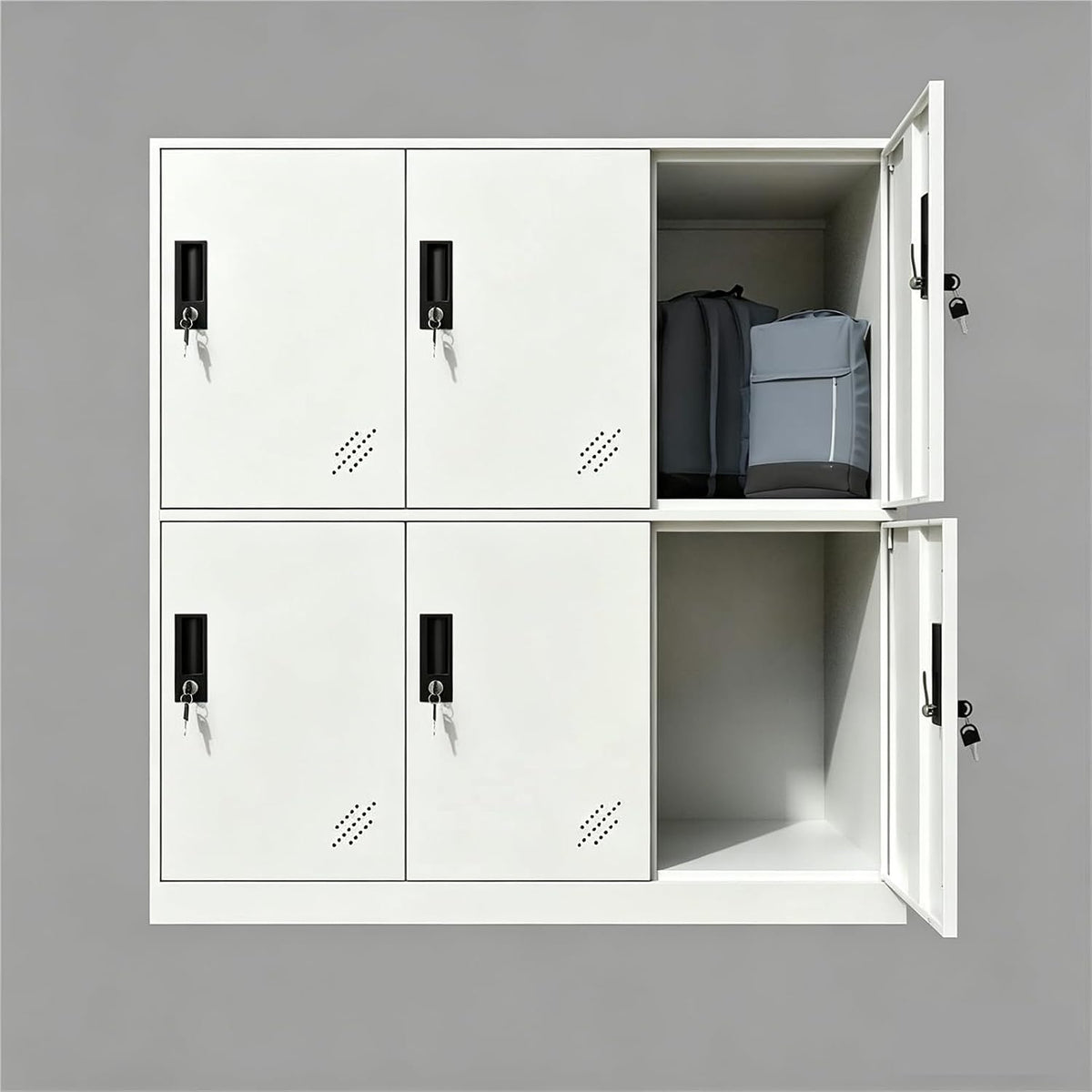 Minimalist white six-compartment locker shown front-on, top-right door open revealing two backpacks inside.