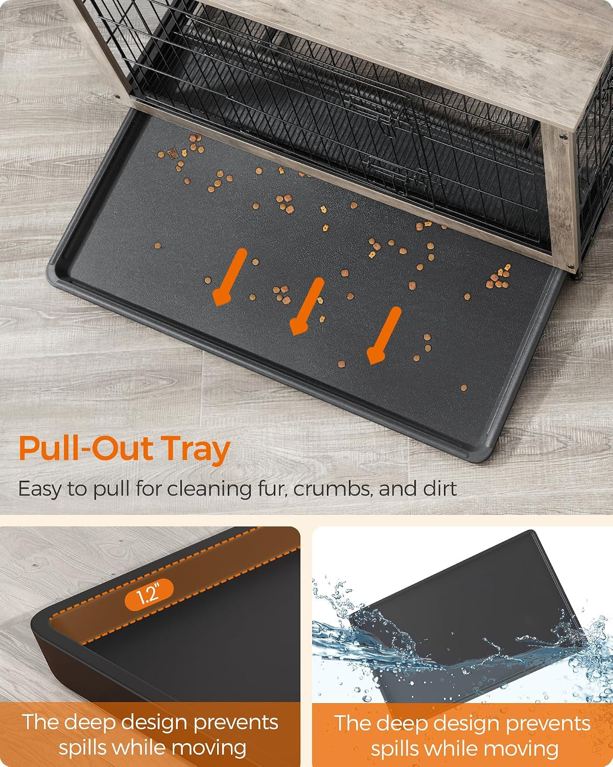 Pull-out plastic tray extended from under the mesh with scattered kibble, showing the tray's deep rim and placement under the