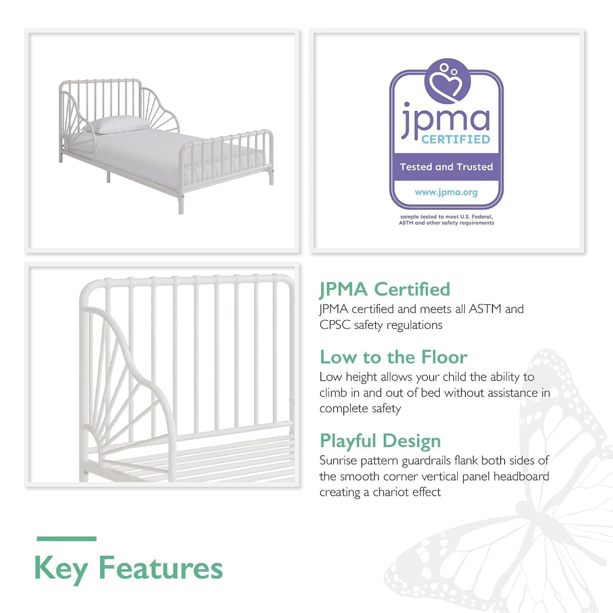 Four-panel layout: bed at angle, certification badge, close-up of headboard and sunrise guardrail, product features text