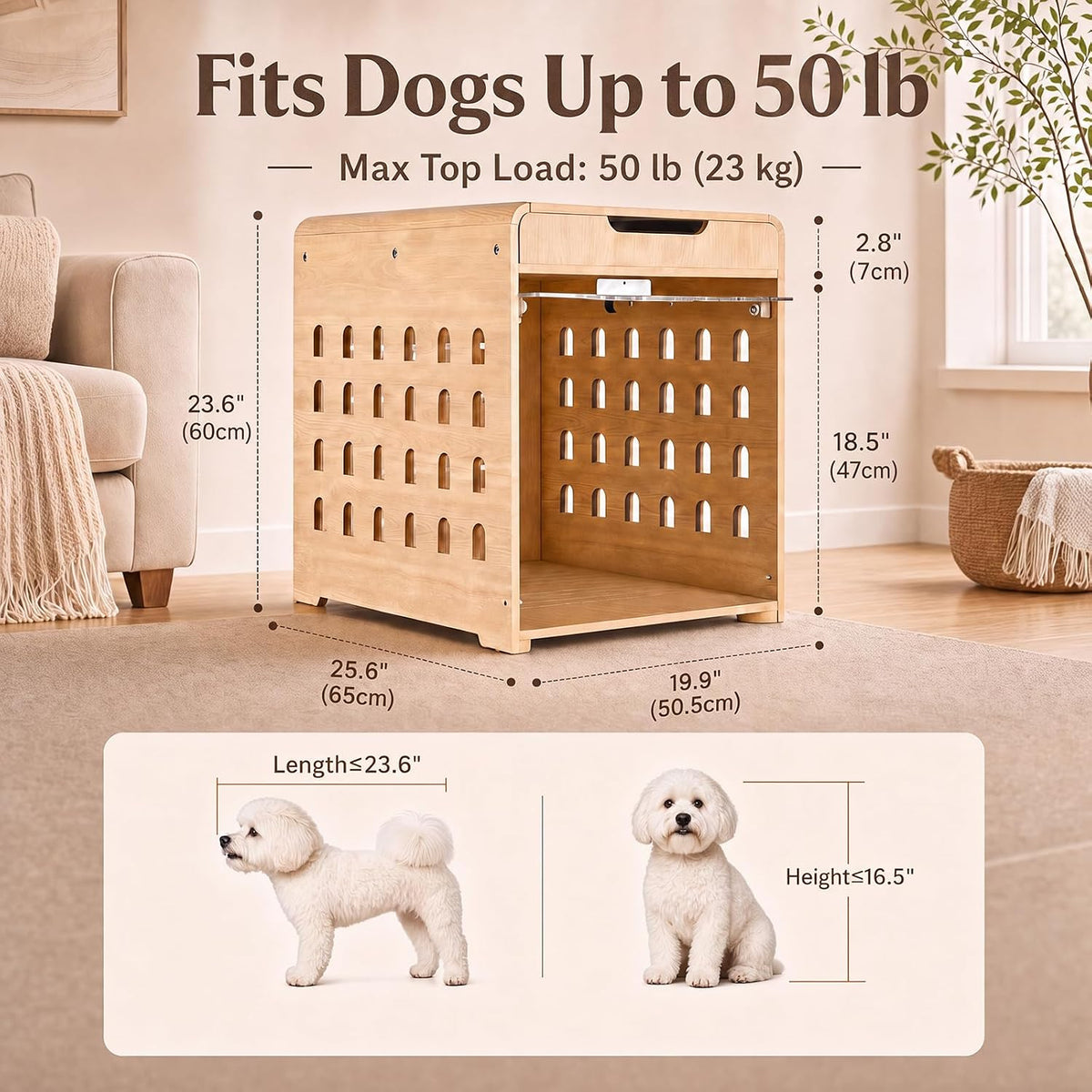 Oak crate end table shown alone with annotated dimensions 19.9" L x 25.6" W x 23.6" H and illustration of pet size guidance