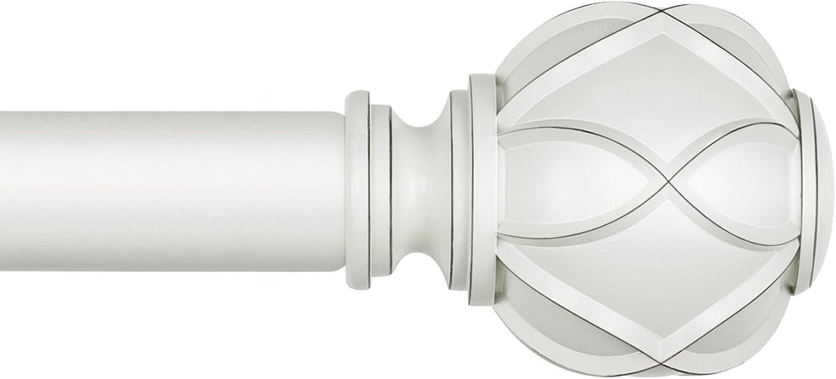 White curtain rod stretched horizontally showing the finial and rod length