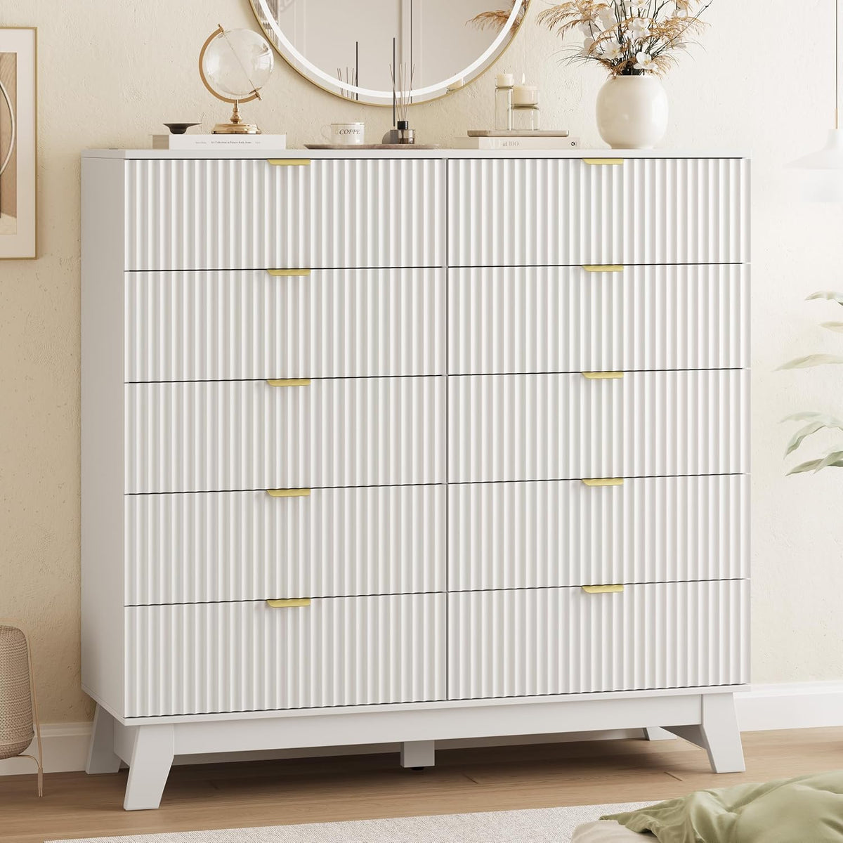 Cropped view of the white wave-front dresser highlighting vertical ribbed drawers