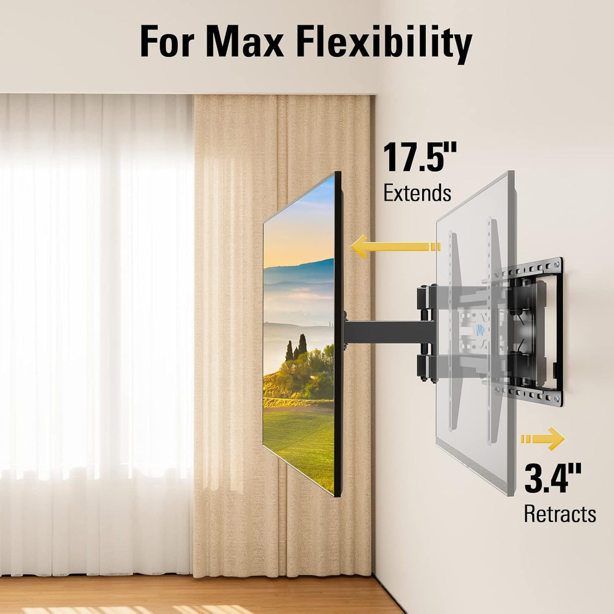 Side lifestyle view of a flat-screen on the mount extended away from the wall, shown in a bright room with curtains.