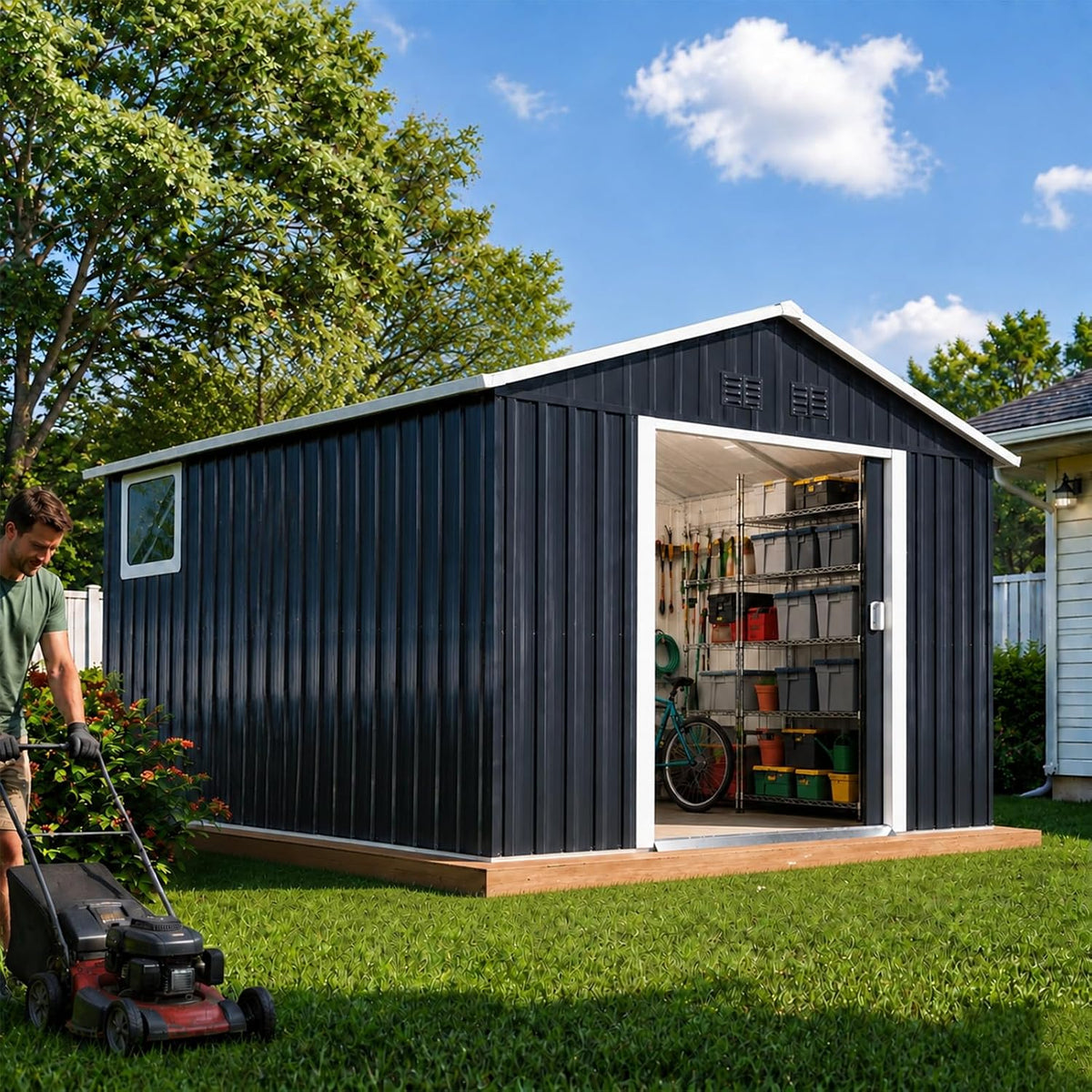 Dark gray metal backyard storage shed with open front doors showing shelves, bike and garden tools.