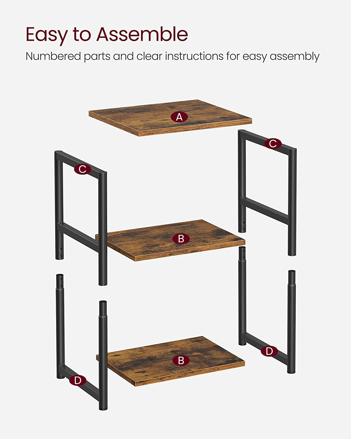 Exploded assembly diagram showing three wood shelves and four black metal leg frames labeled A–D.
