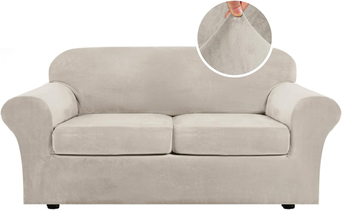 Front-facing two-seat sofa in light gray-beige, inset shows the soft velvet-like nap being pinched.