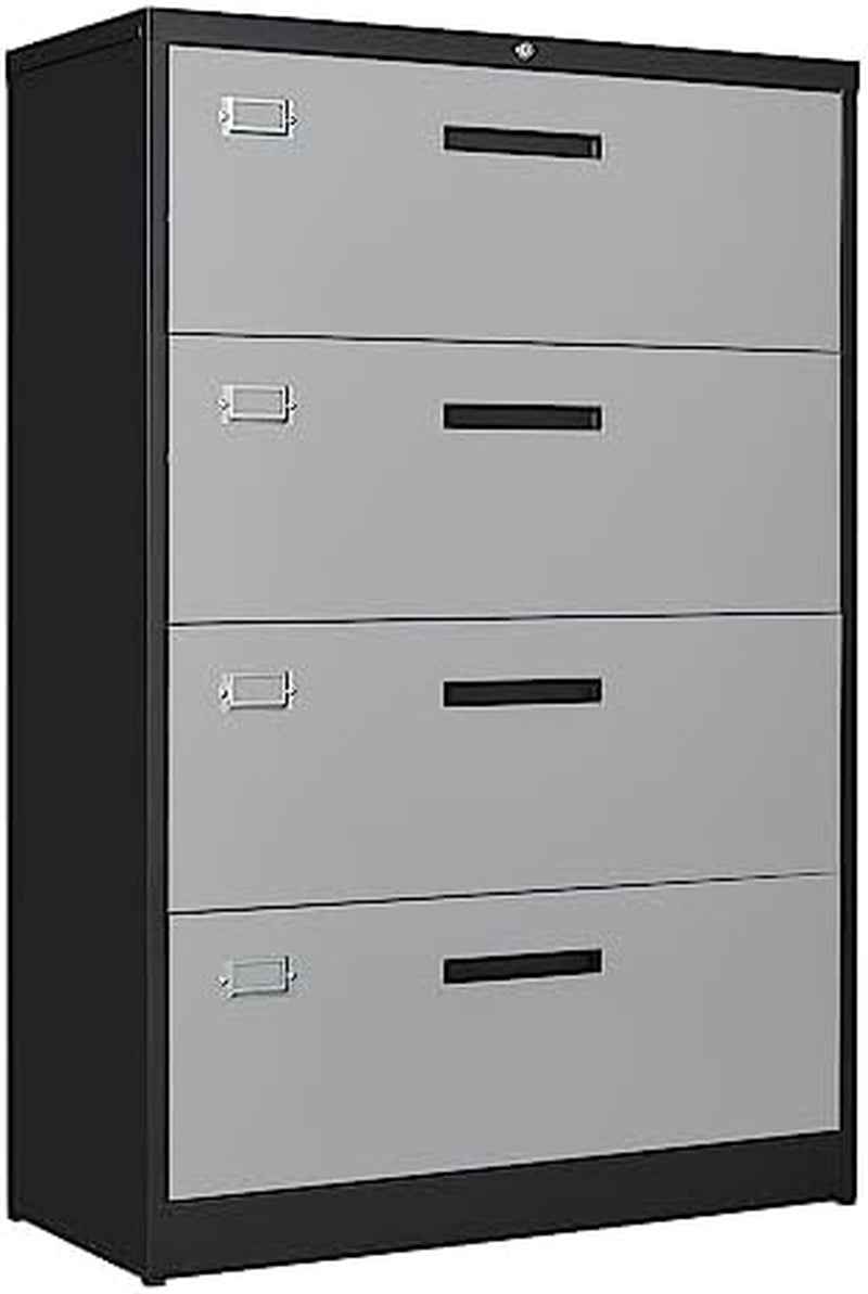 Front view of a two-tone metal filing cabinet with dark frame and lighter drawer fronts.