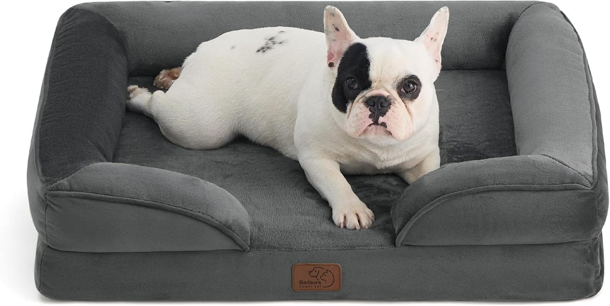 Front-angled shot of a dark gray bolster bed with a white-and-black French bulldog lying inside