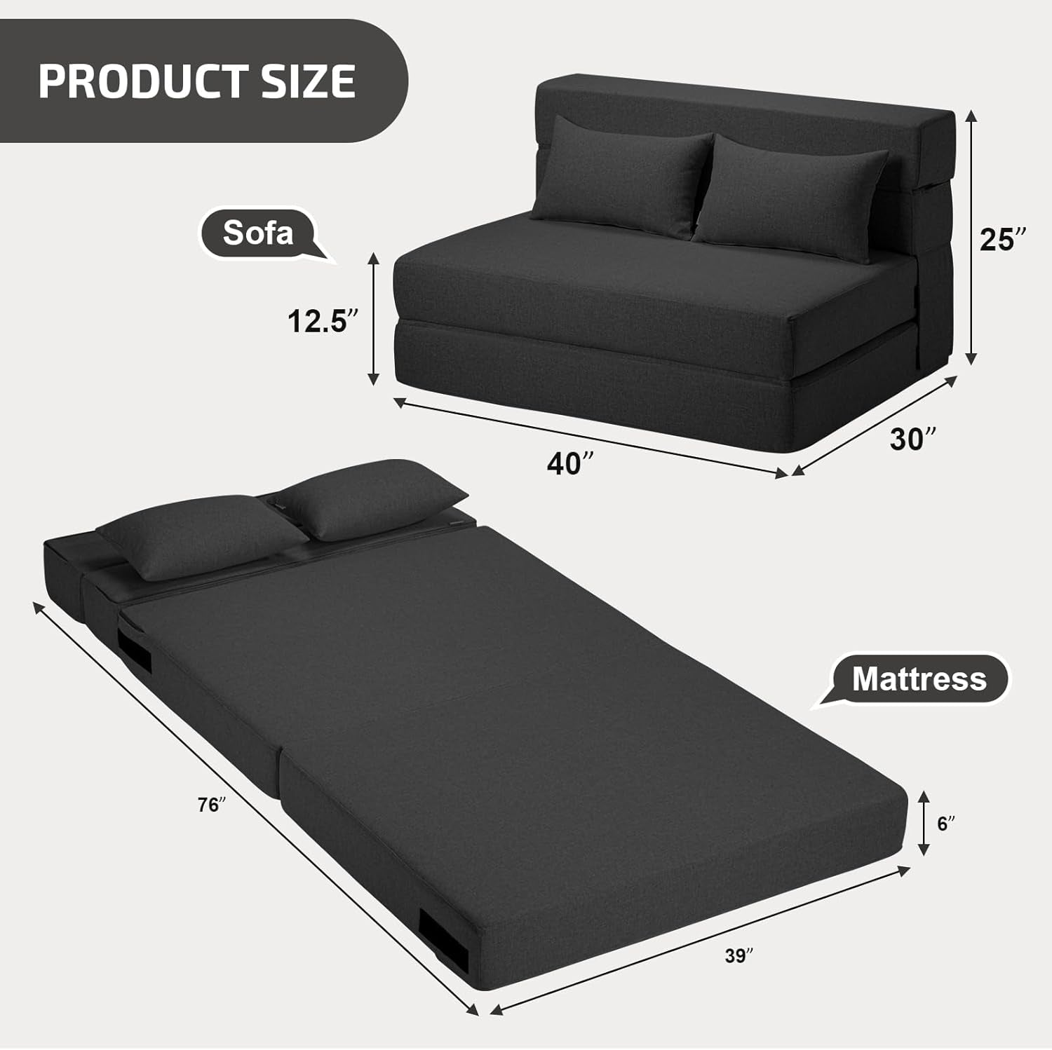 Dimensional diagram showing sofa dimensions 40"x30"x25" and mattress layout 76"x39"x6"
