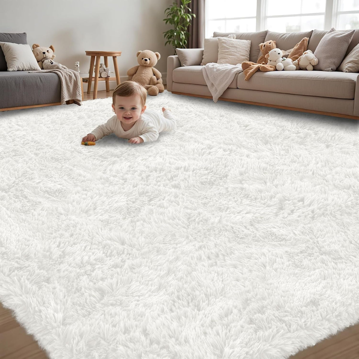 White fluffy shag rug close-up in living room with infant crawling near sofa and toys