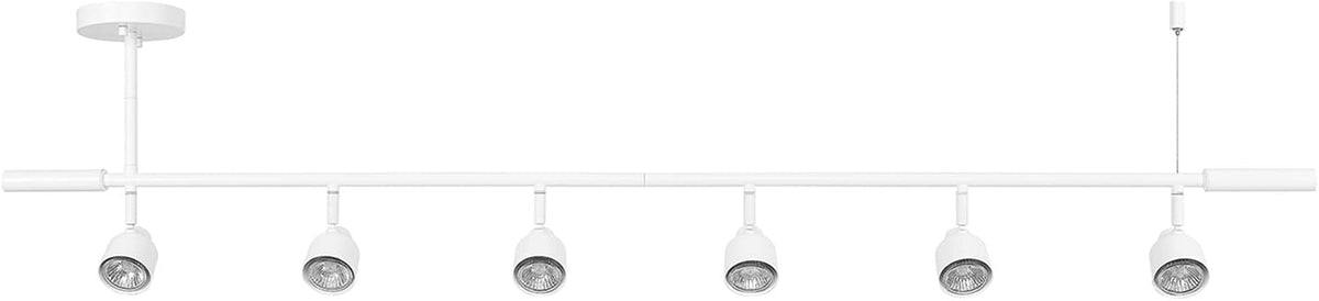 Low-profile white track with six downward-facing spotlight heads showing the reflector interiors.