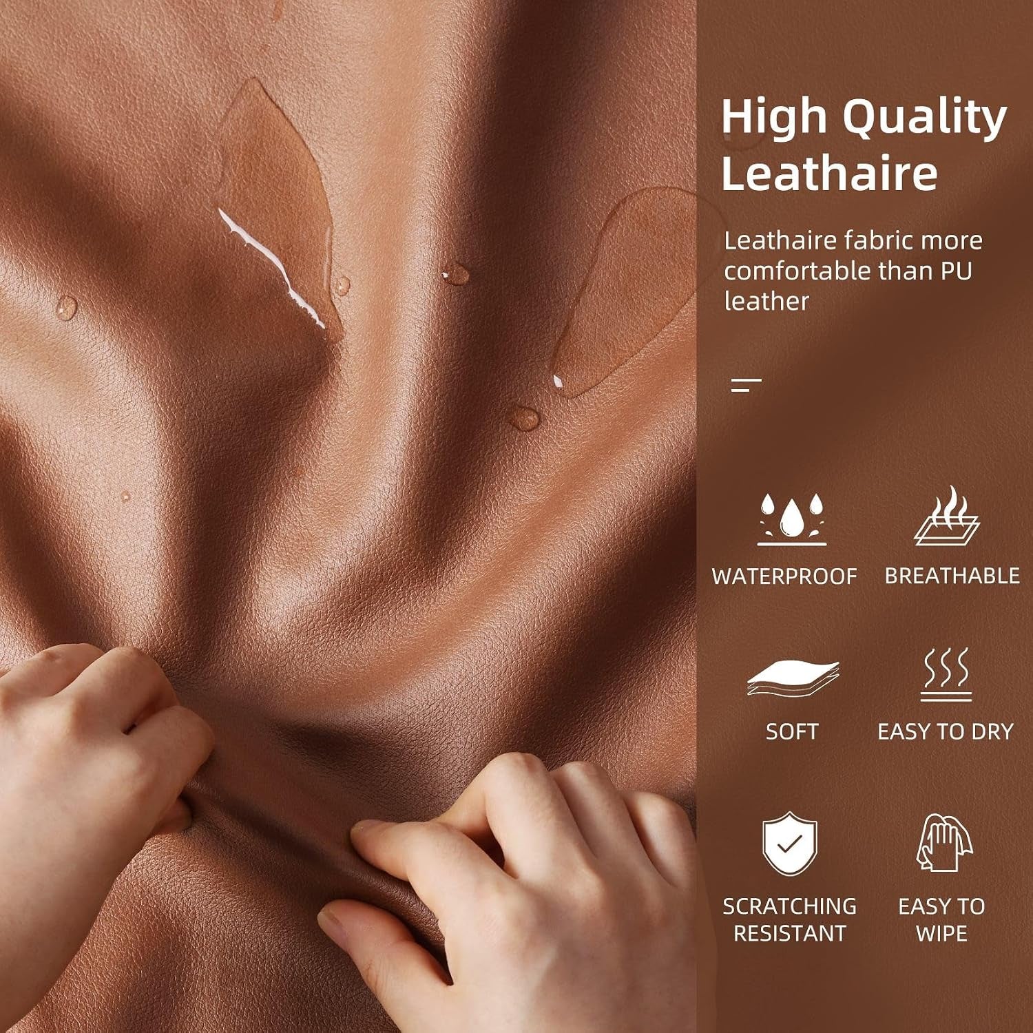 Close-up of brown leather-like fabric with water droplets and two hands stretching the material.