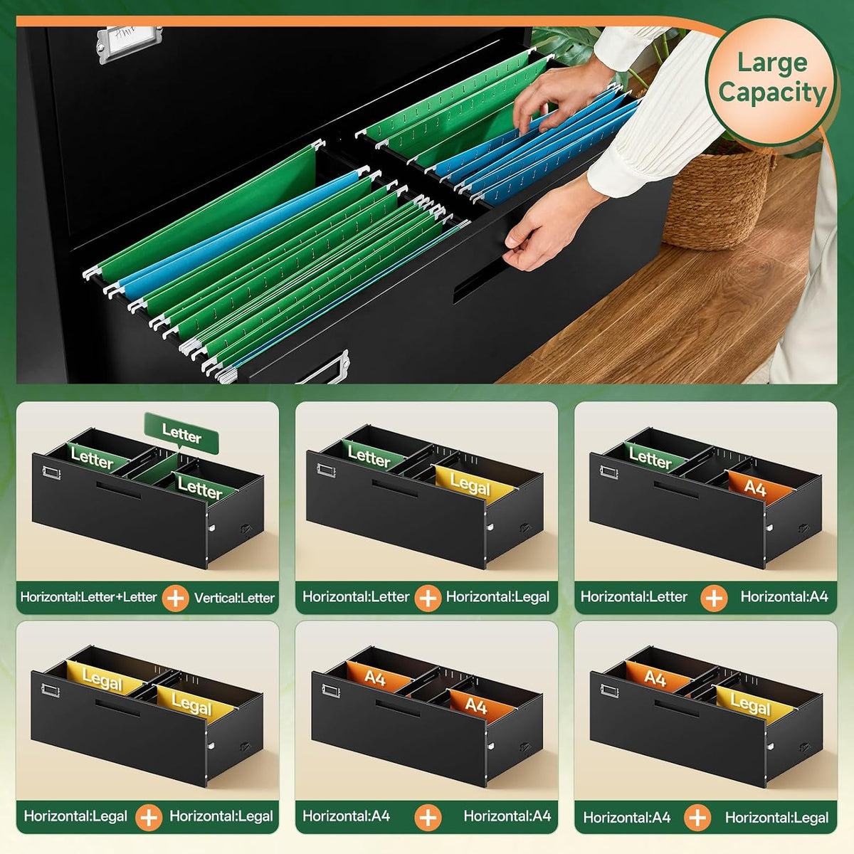 Open black drawer filled with hanging file folders and six small illustrations showing different letter/legal/A4 layout