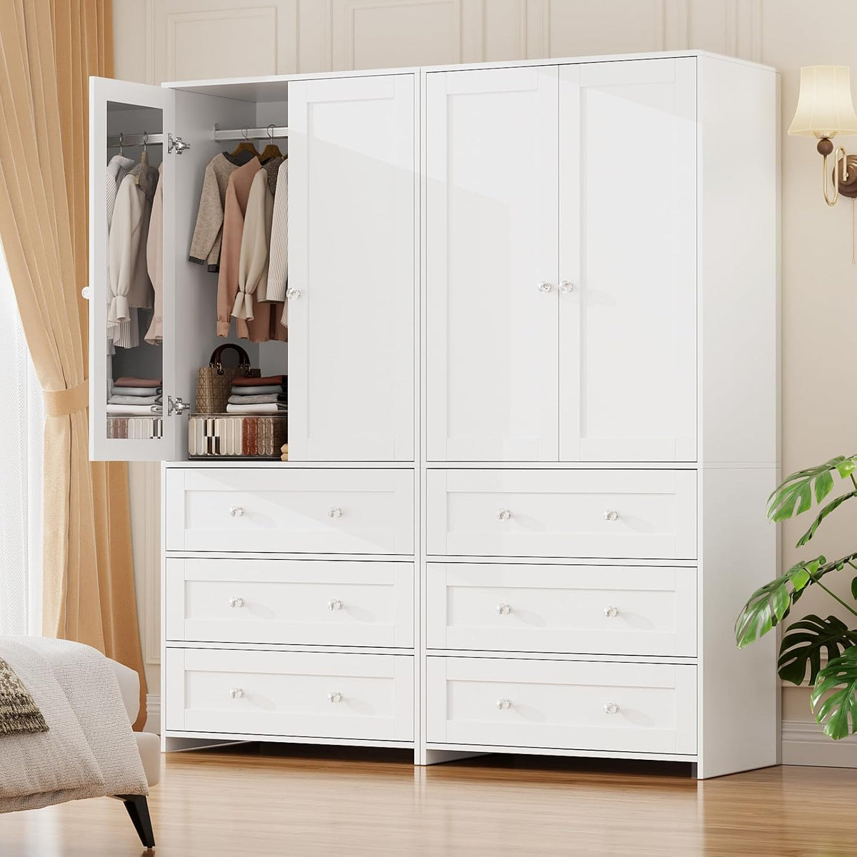 Pair of white wardrobes side-by-side with one left door open showing hanging garments and six total lower drawers.