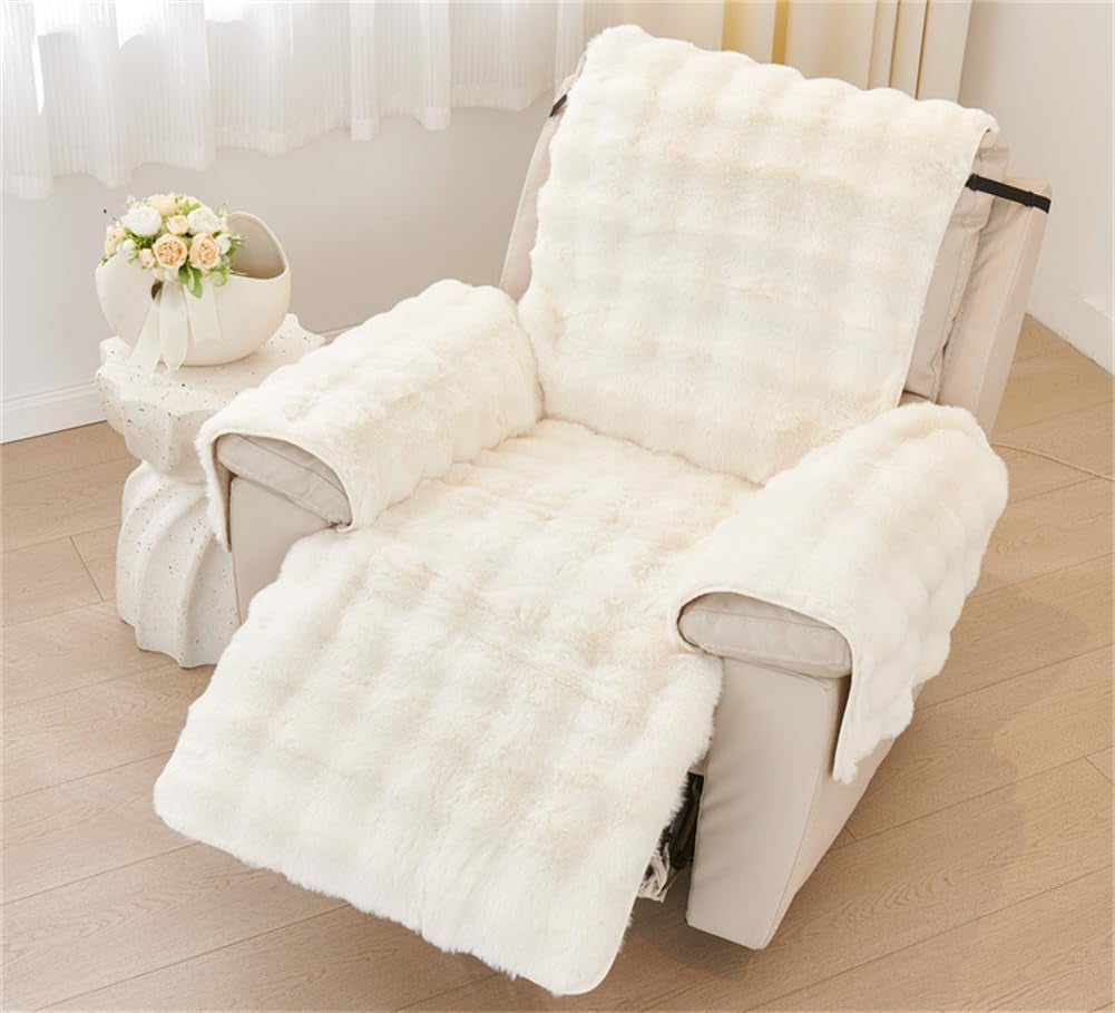 Cream faux rabbit fur recliner slipcover angled top-front view showing full coverage over seat and back