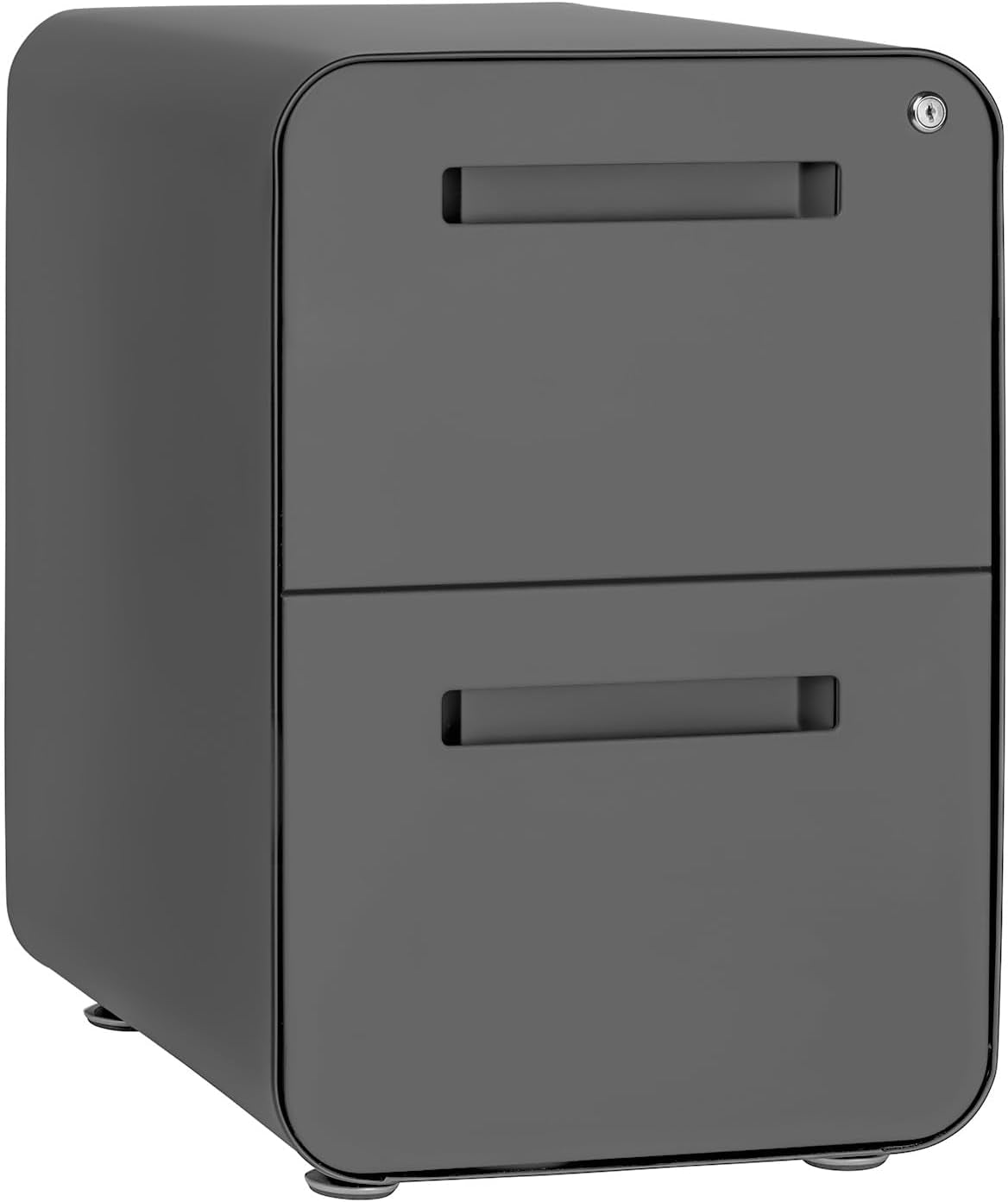 Front three-quarter view of a two-drawer metal file cabinet in dark gray with feet and a top lock.