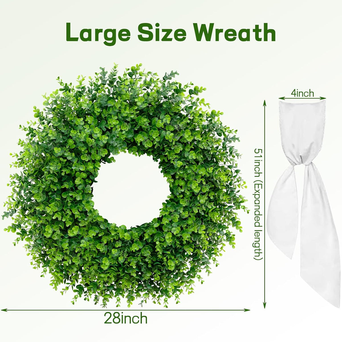 28-inch wreath shown with measurement overlay and white sash