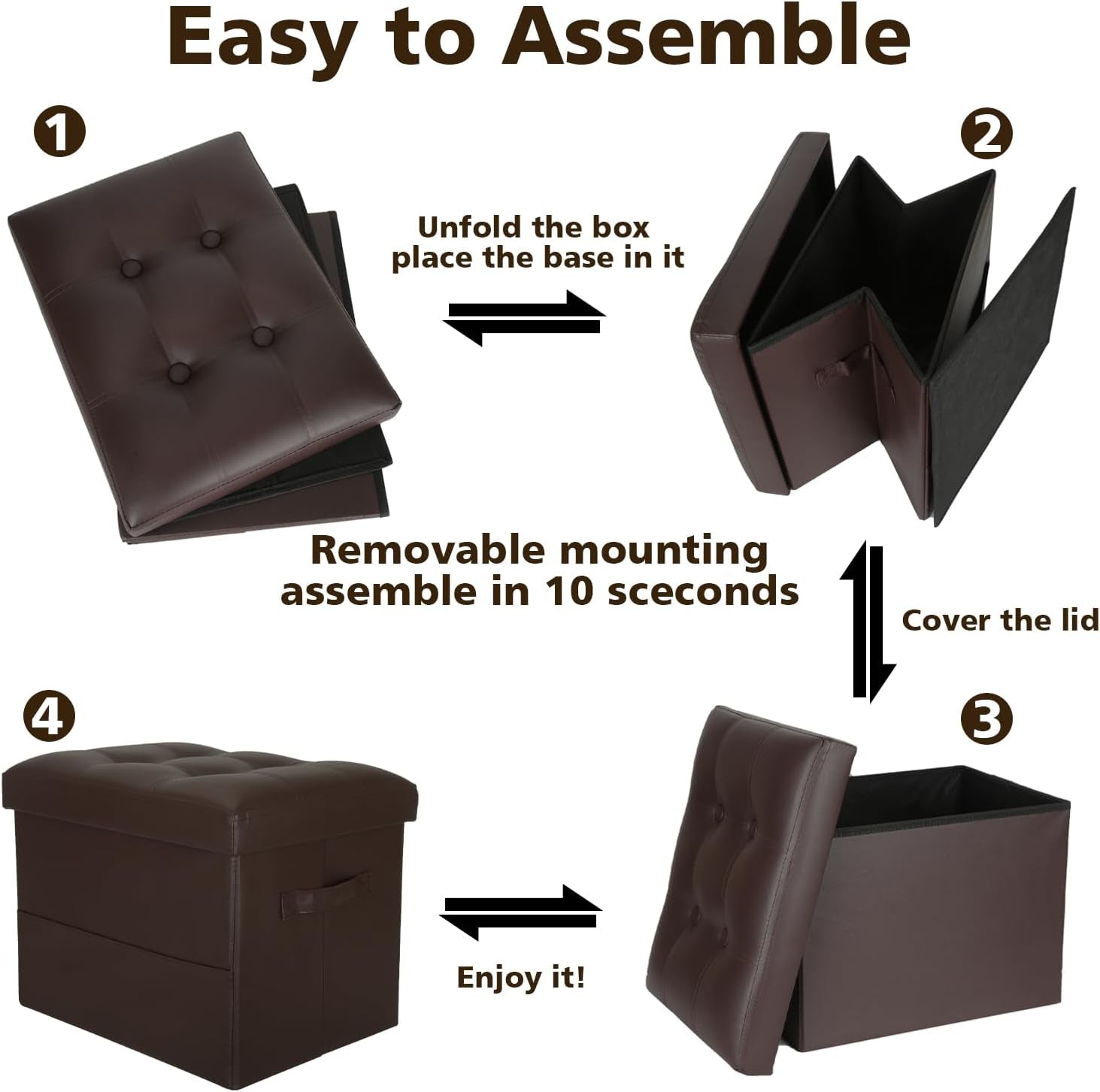 Four-step assembly collage showing a folded brown PU ottoman, interior box, lid, and finished ottoman.
