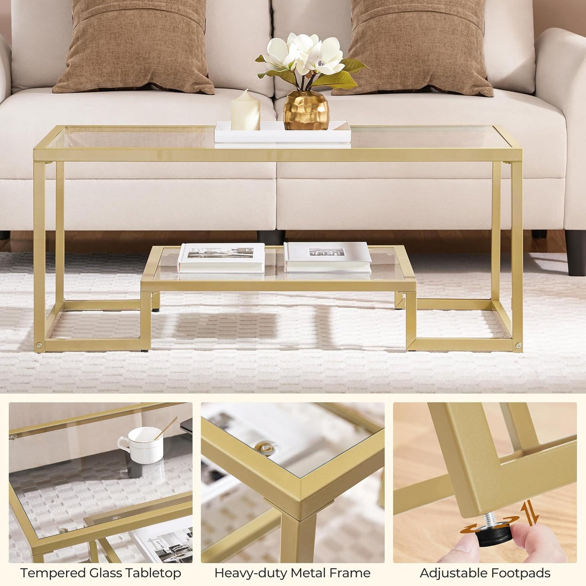 Gold metal-framed glass coffee table with lower glass shelf styled in front of a beige sofa.