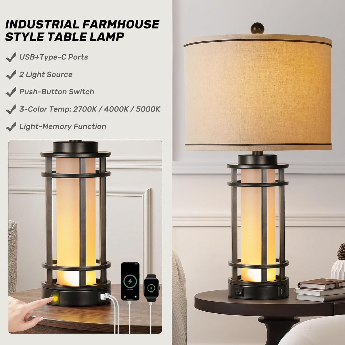 Table lamp on a side table with a finger pressing the base switch and phone and smartwatch shown charging from the lamp.
