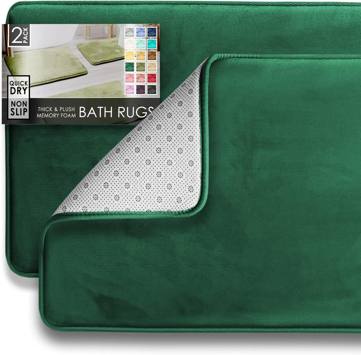Two rectangular emerald-green bath mats stacked, one corner peeled back to reveal white dotted non-slip underside