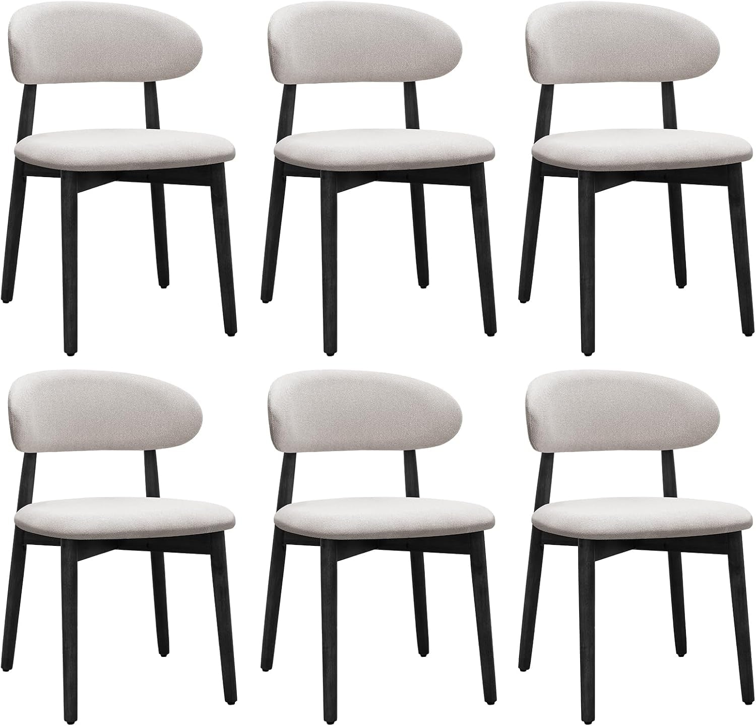 Six pale gray upholstered dining chairs with curved backs and black legs on white.