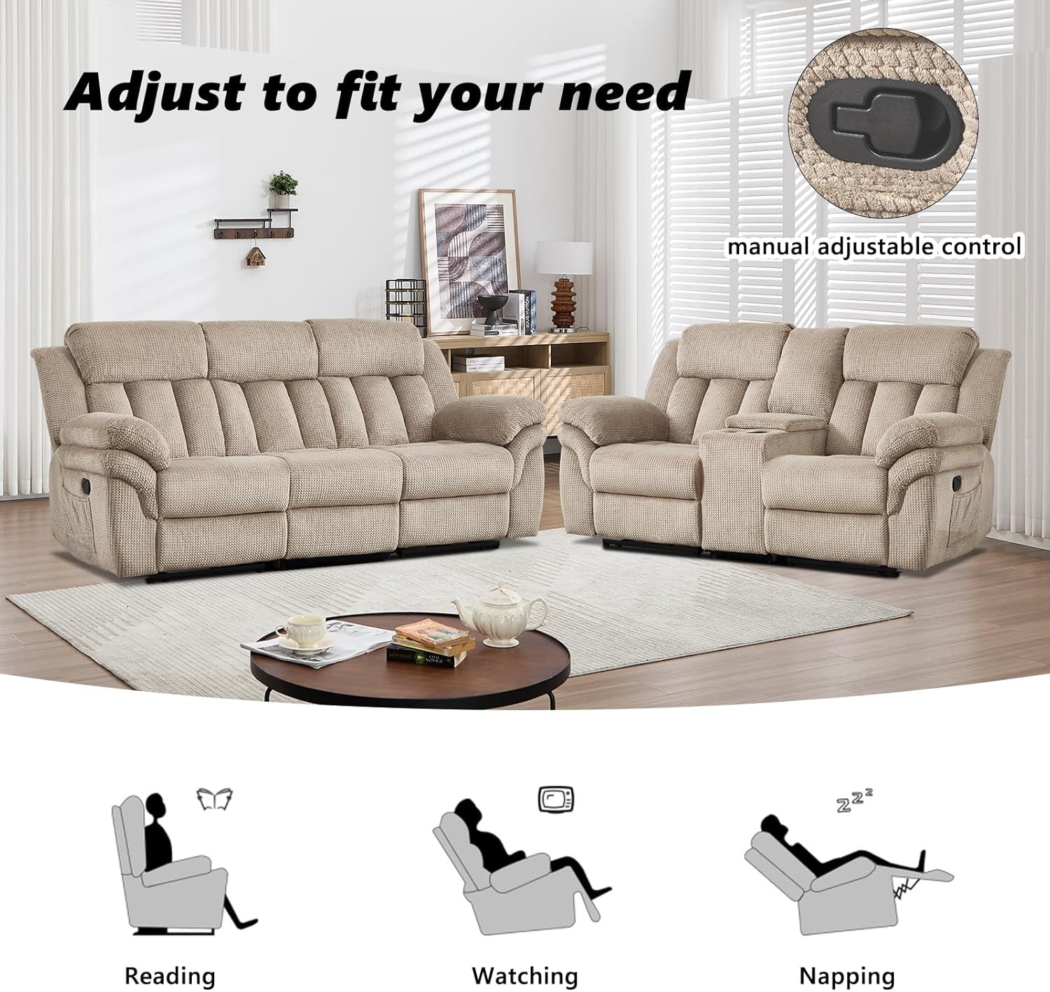 Light brown reclining sofa set staged in a living room with manual recline lever close-up and reclining position icons