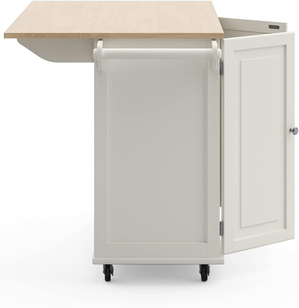 Off-white rolling kitchen island side with wood drop-leaf extended and open cabinet door