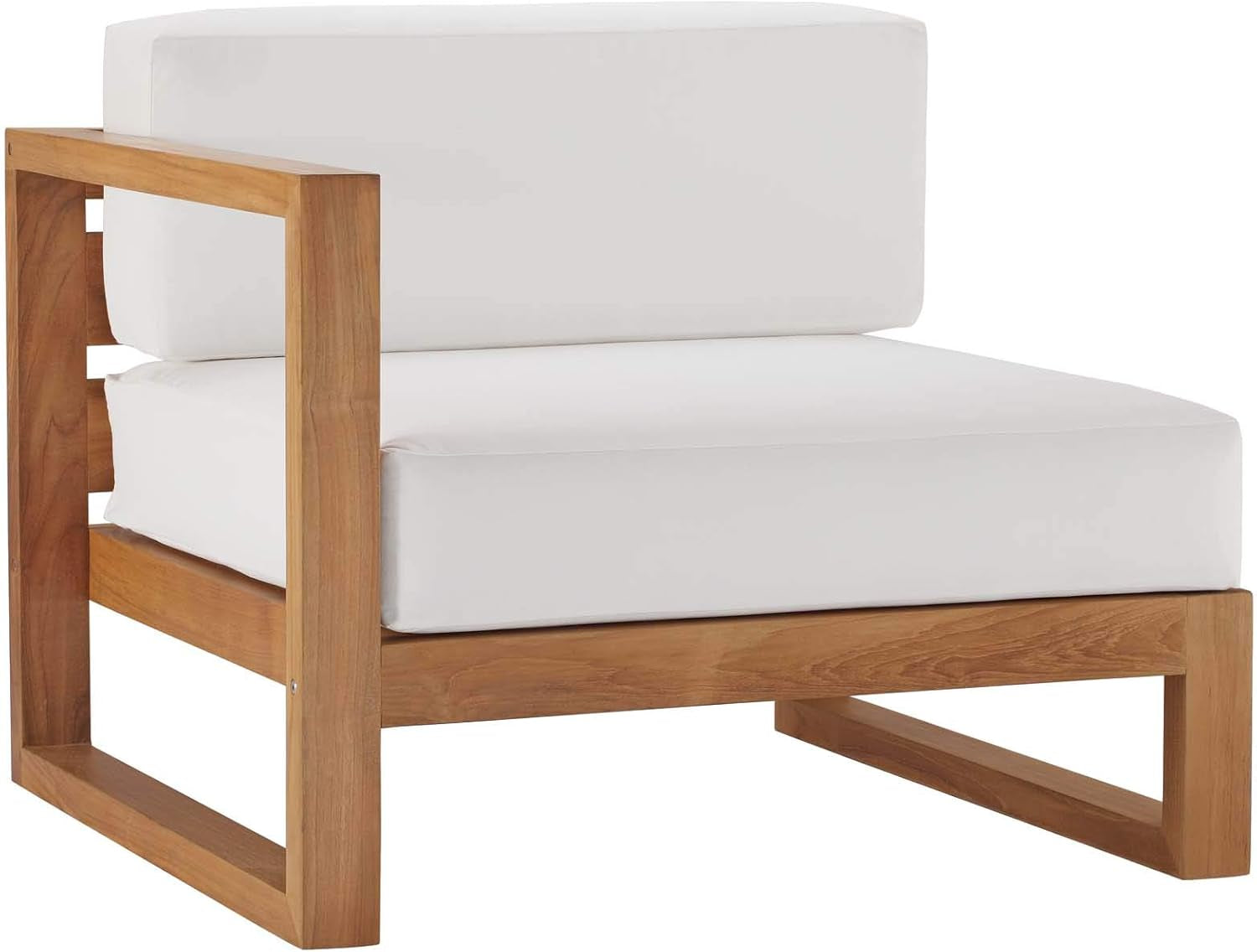 Close three-quarter view of a teak module showing square arm and white seat and back cushions