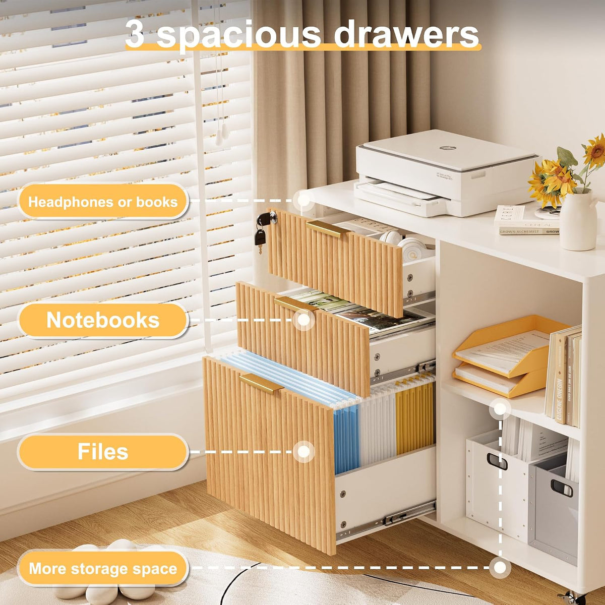 Three drawers opened on oak-front cabinet showing storage for notebooks, small items and files