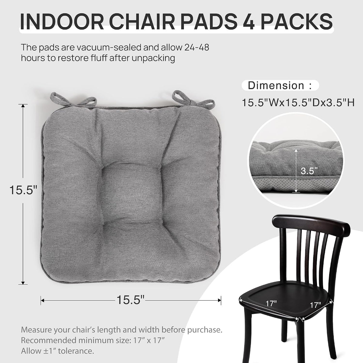 Top-down view of one gray tufted chair cushion with measurement arrows and a partial black wooden chair.