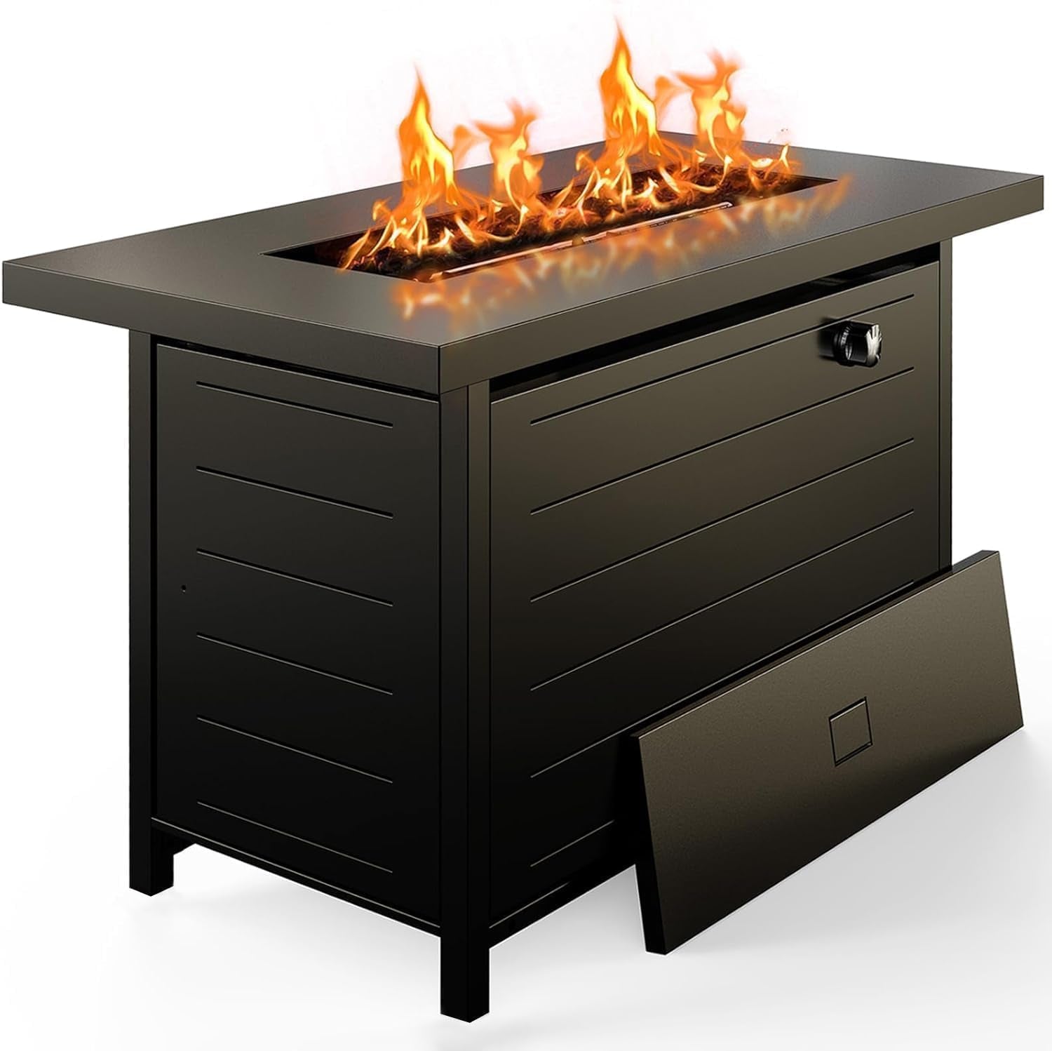 Angled side view of black fire pit table with flames and detached front access panel leaning forward.