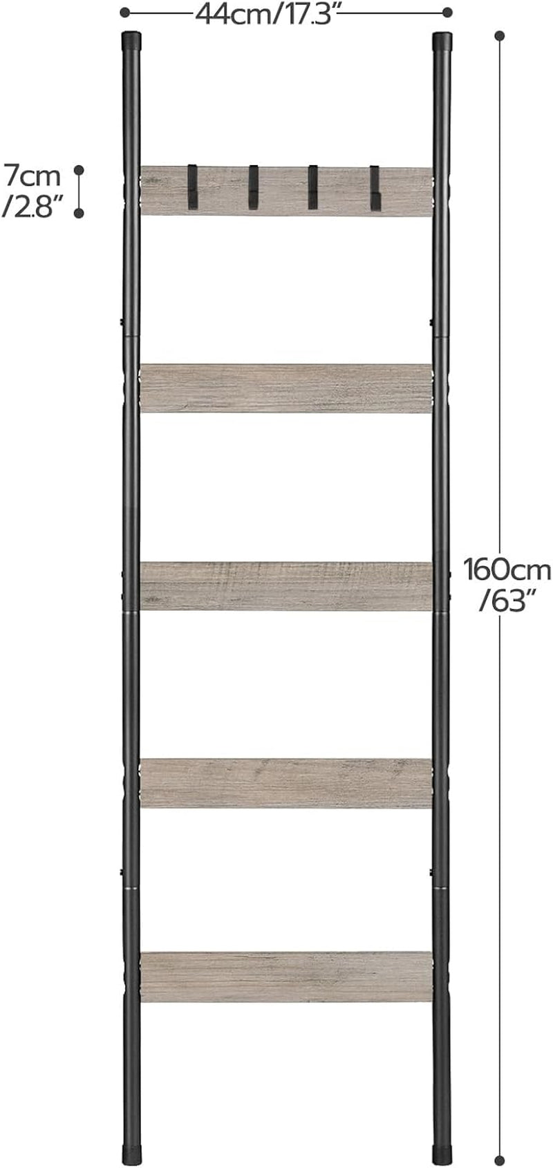 Annotated dimension diagram showing 17.3 in width and 63 in height for the five-shelf leaning towel rack