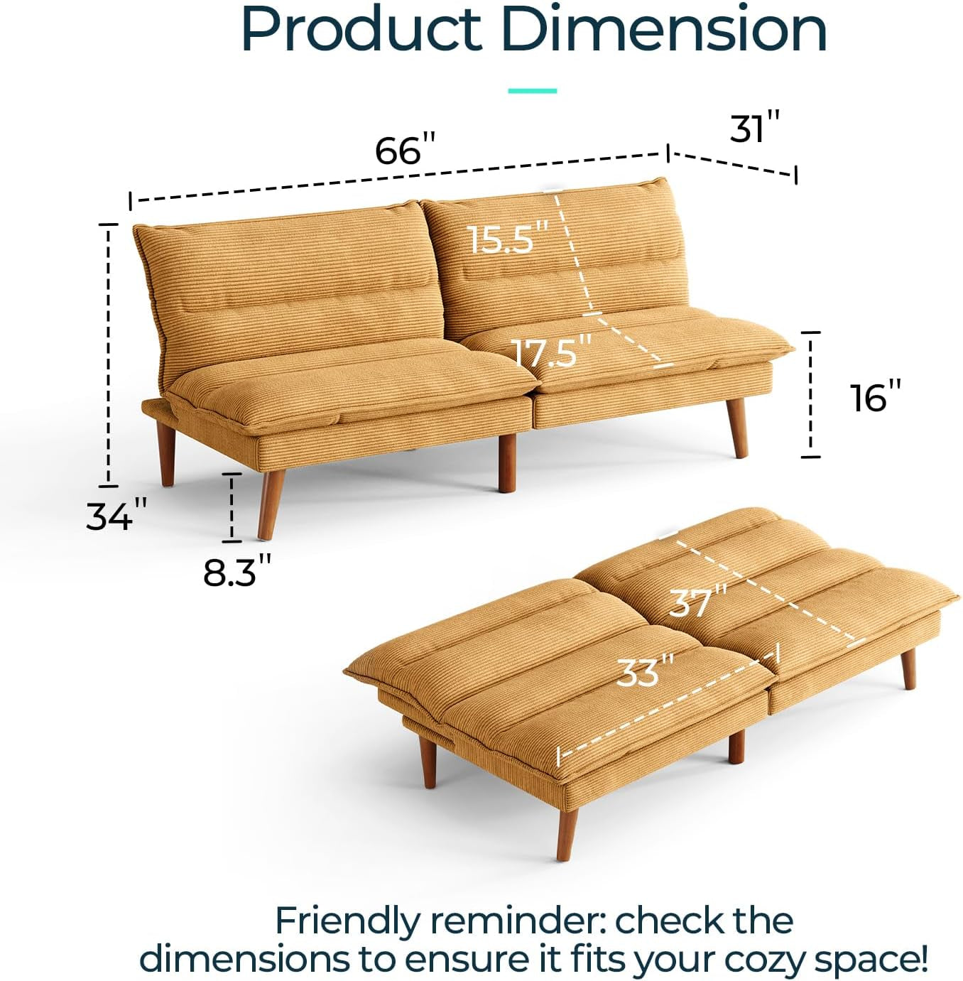 Studio view of futon with dimension overlays showing length and seat depths on a white background