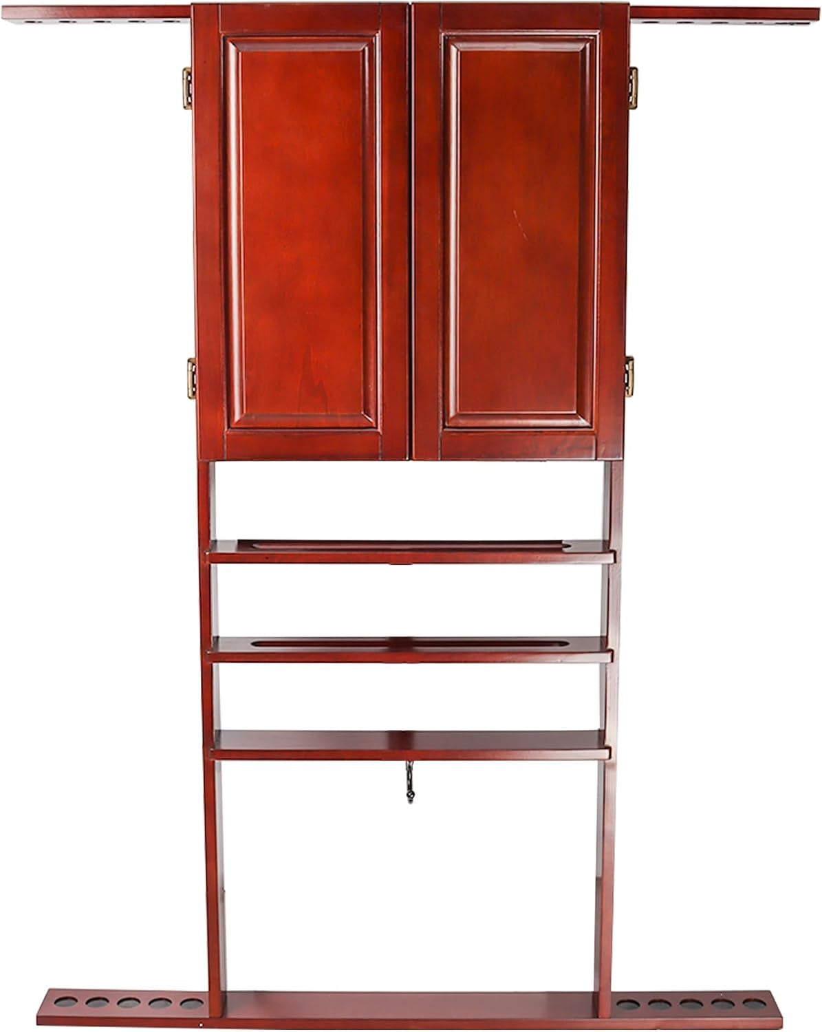 Straight-on view of the rack with cabinet doors closed and four horizontal cue rests in cherry finish.