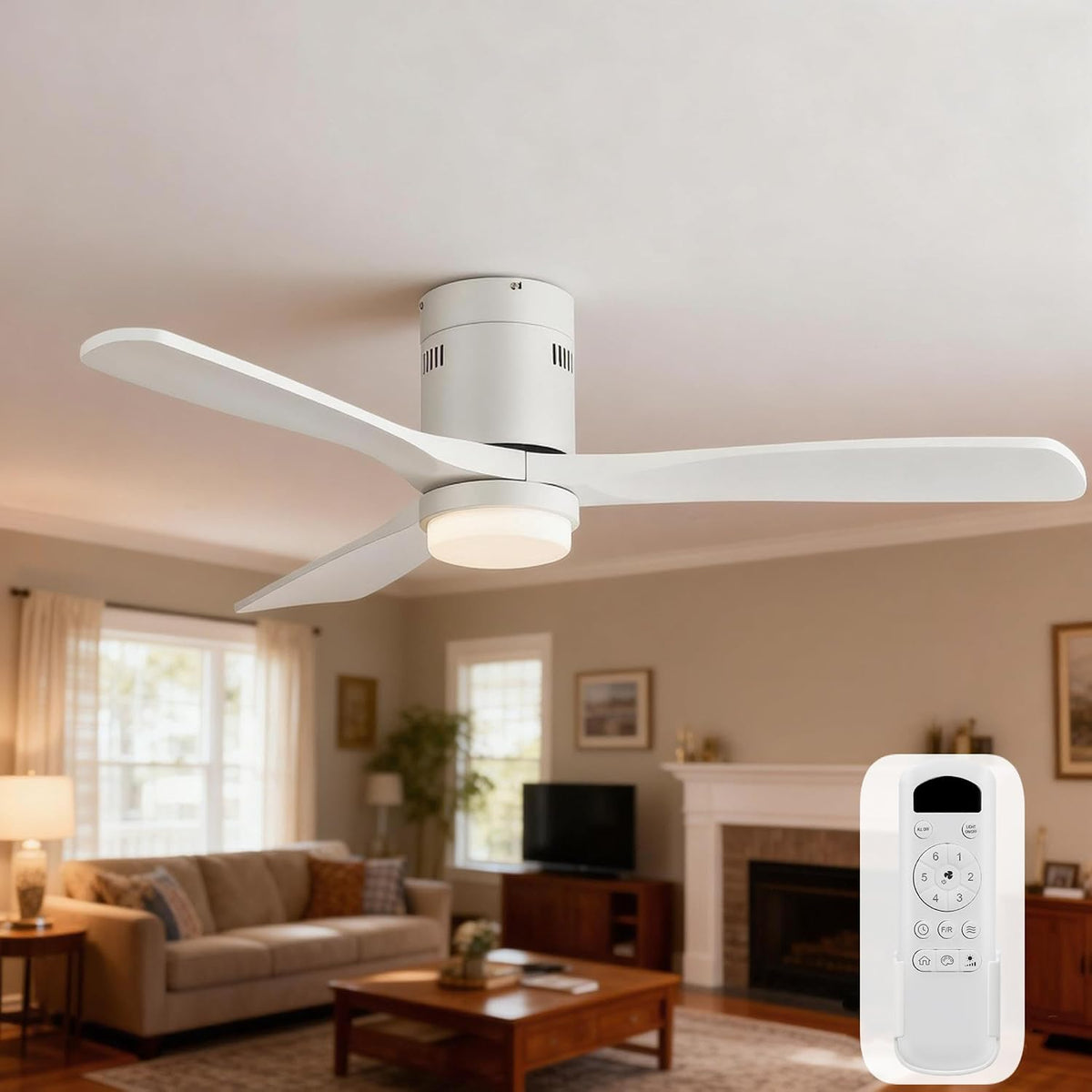 Ceiling-mounted three-blade white fan with integrated round light in a lived-in living room, remote shown.