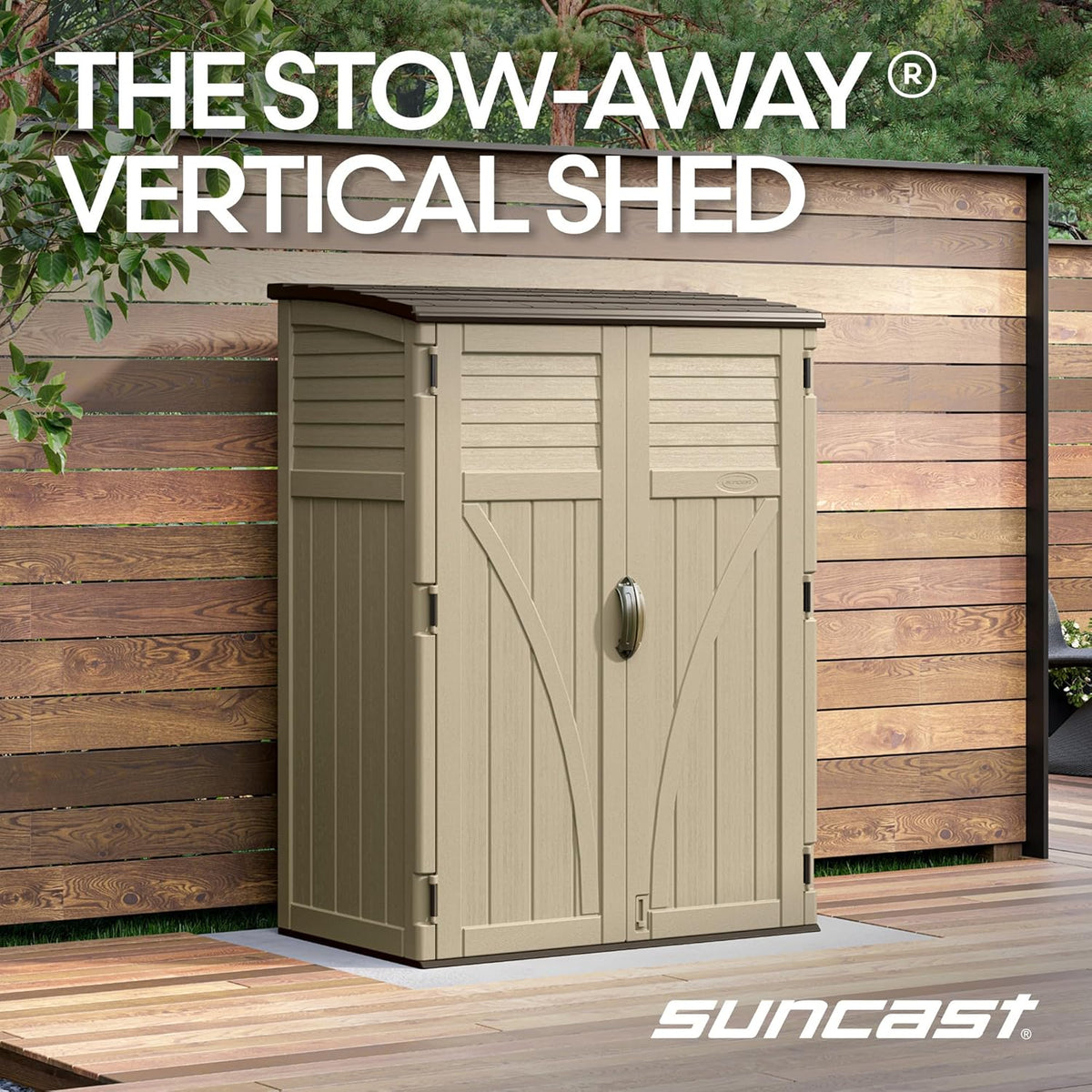 Taupe vertical storage cabinet on a deck with wood fence background, angled front view