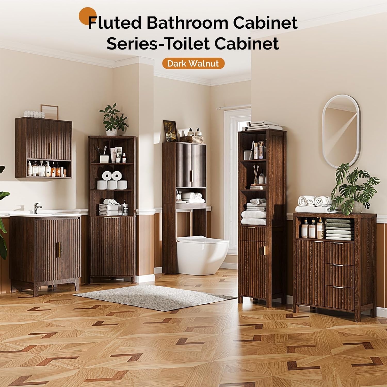 Group of matching dark wood fluted bathroom cabinets and storage pieces arranged in a bright, styled room.