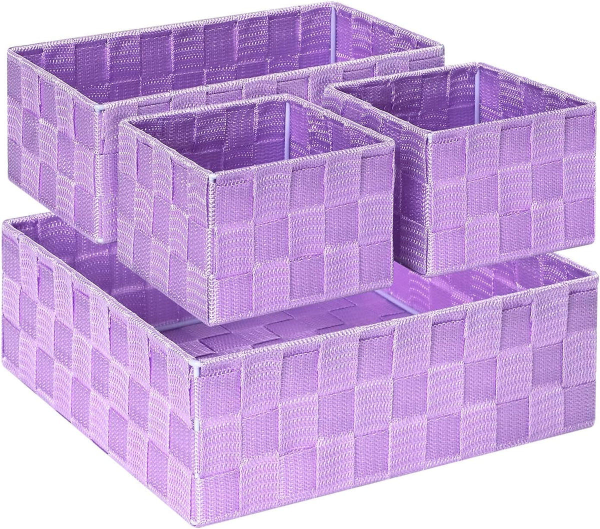 Three small and three large lavender woven baskets stacked to show the purple color variant.