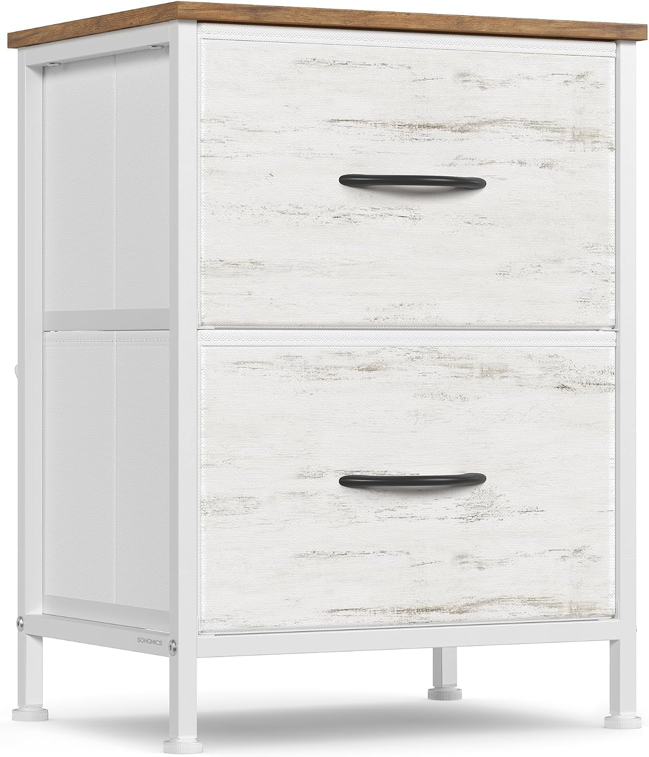 Front three-quarter view of a two-drawer bedside chest in white with a wood-toned top