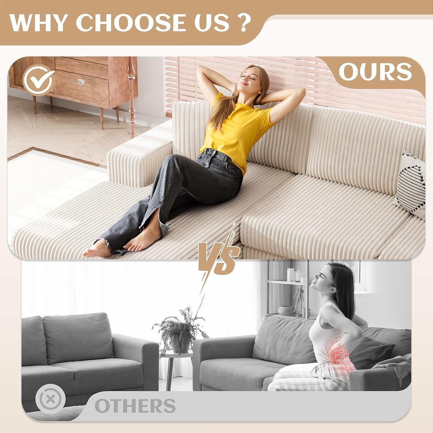105" Boneless Couches for Living Room, Sectional Couches Modular Sofa with L-Shaped Chaise, Memory Foam Comfy Cloud Couch with Plush Corduroy Fabric, No Assembly Required, (Beige)