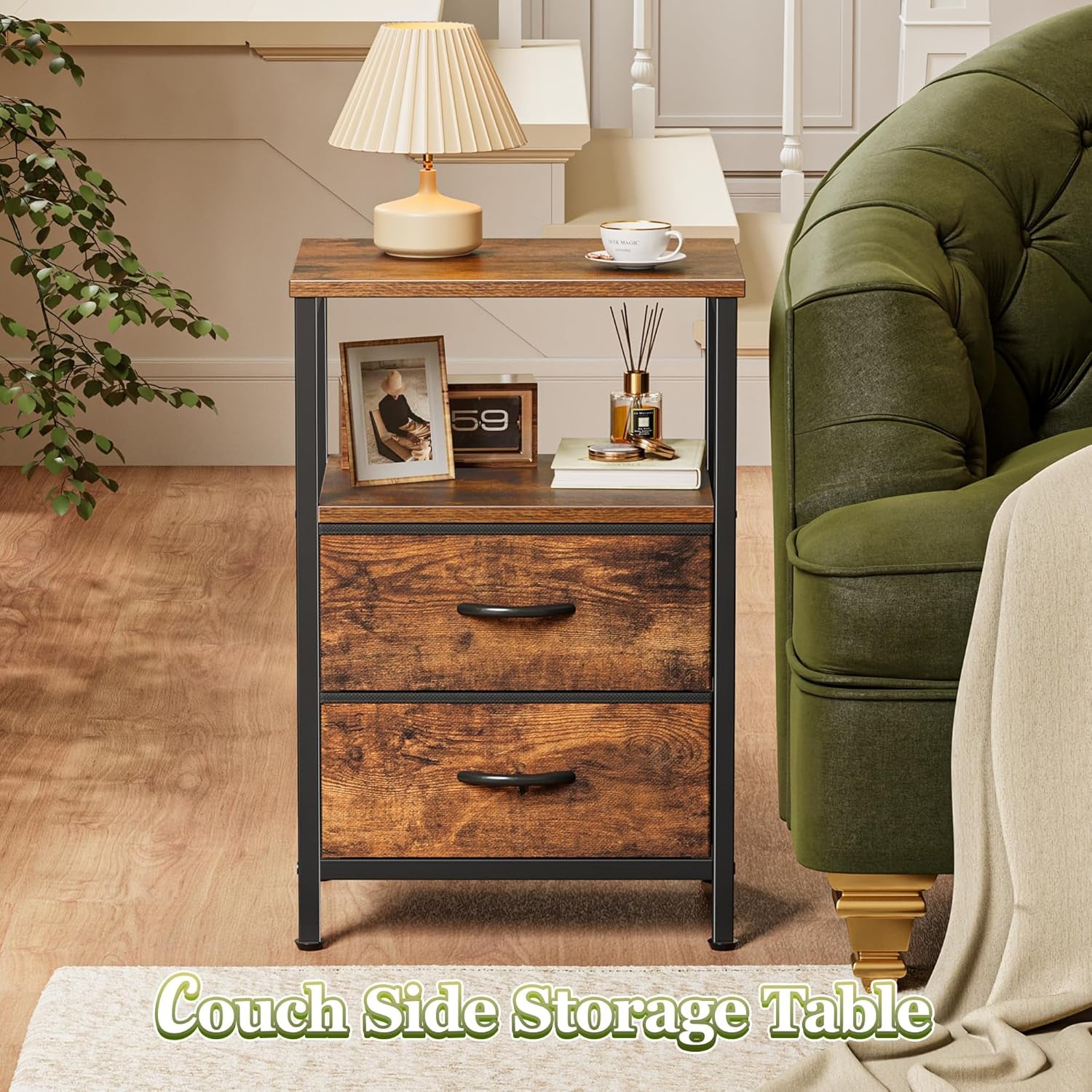 Nightstand styled as couch side table with lamp and decor on top and visible open shelf