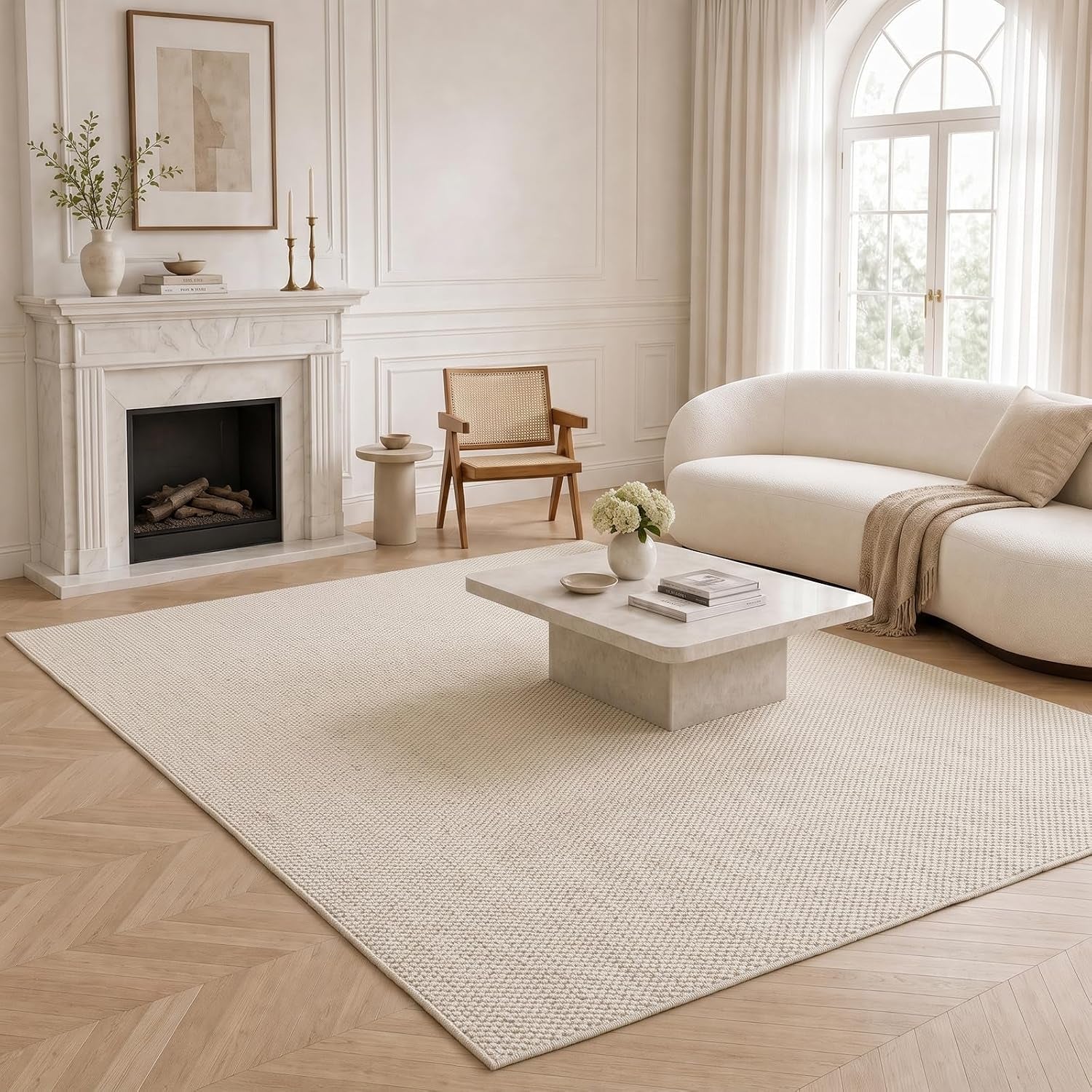 Sunlit sitting area showing a light grey textured rug with a rounded cream sofa and arched window background.