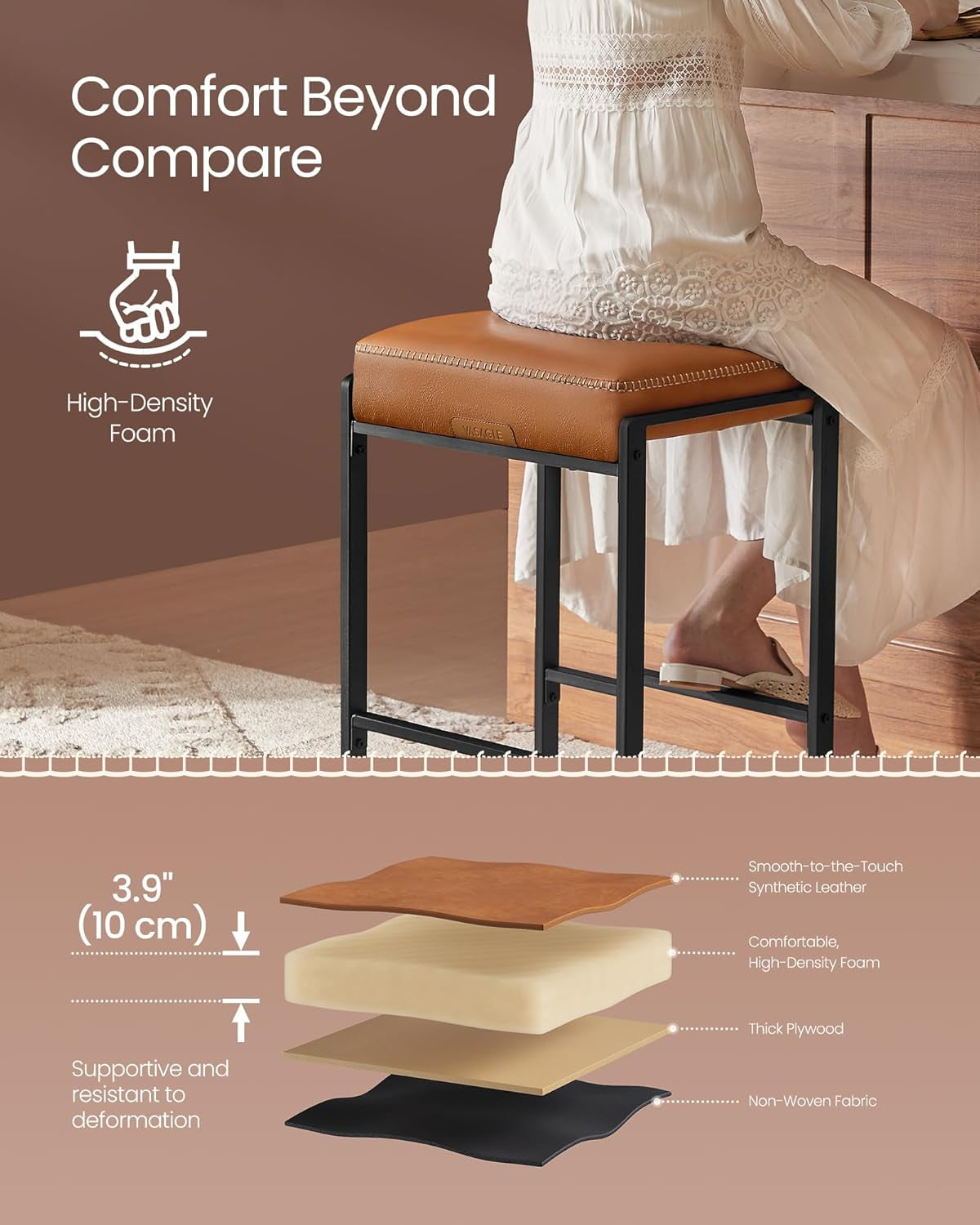 Person seated on a caramel cushion stool highlighting the high-density foam layer and supporting metal frame