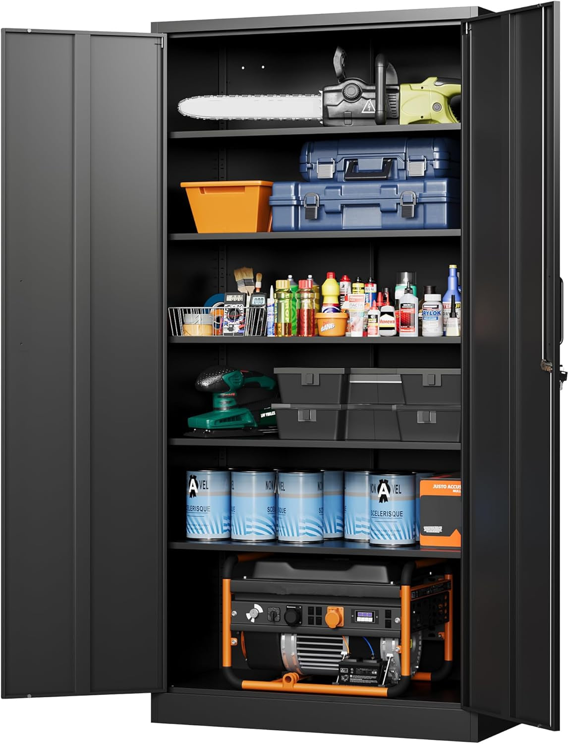 Black metal tall storage cabinet with both doors open showing five shelves filled with tools, paint cans and a generator, ang