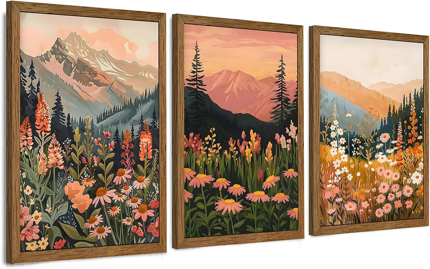 Same trio of framed wildflower-and-mountain artworks shown from a slightly higher angle highlighting the frame thickness.