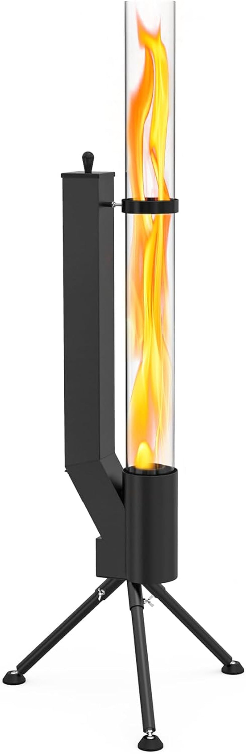Black wood pellet patio heater with tall clear glass flame tube and tripod base, angled front view