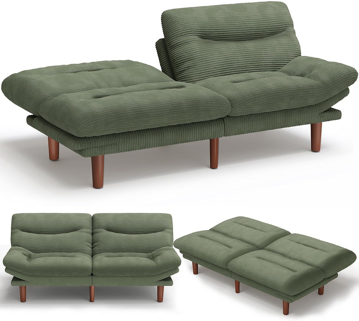 Green corduroy futon shown in upright, flat, and angled positions on white background